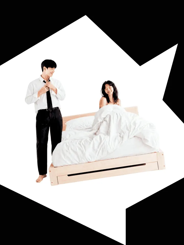 QUIET HOUR — bedroom scene framed by bold black geometric negative space