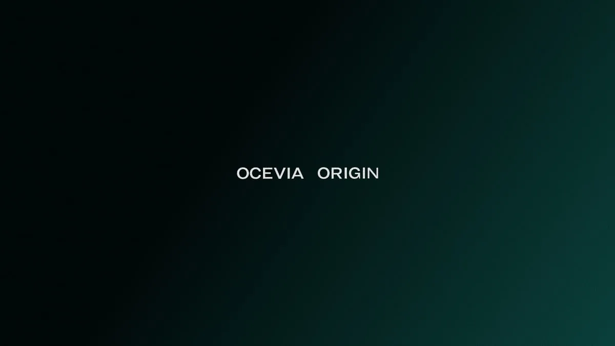 OCEVIA ORIGIN brand introduction with deep teal ocean gradient and minimal typography