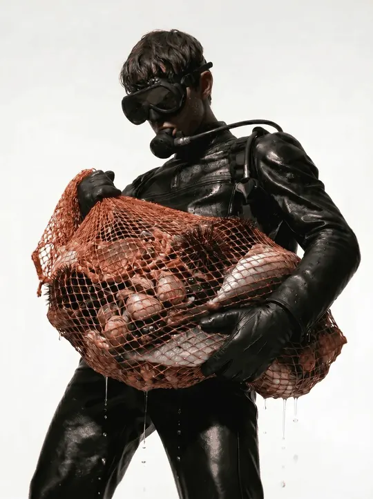 OCEVIA ORIGIN — person in a wetsuit and dive mask holding a dripping net of fresh shellfish, straight from the ocean's origin
